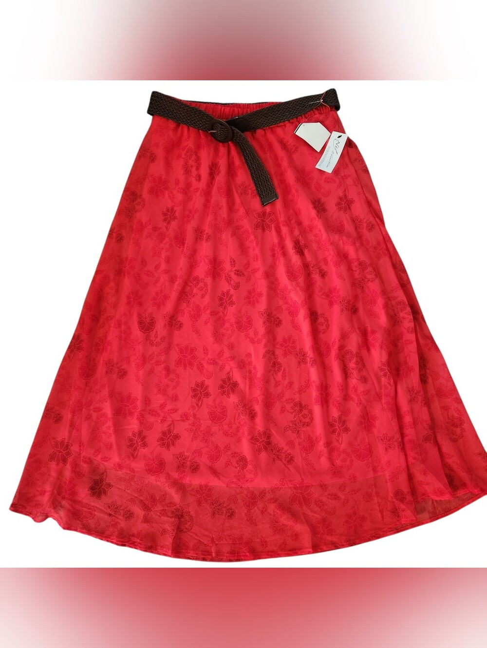 Trendy Red Fall Floral  A-Line Women's Skirt with Contrast Belt